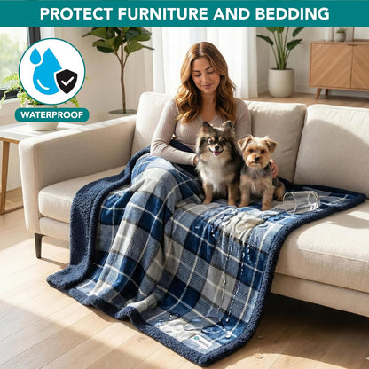 Waterproof Dog Blanket for Small Medium Dog, Pet Puppy Blanket Couch Cover Protection, Sherpa Fleece Cat Blanket Couch Sofa Bed Furniture Protector Reversible Soft Washable 29X40 Plaid Navy