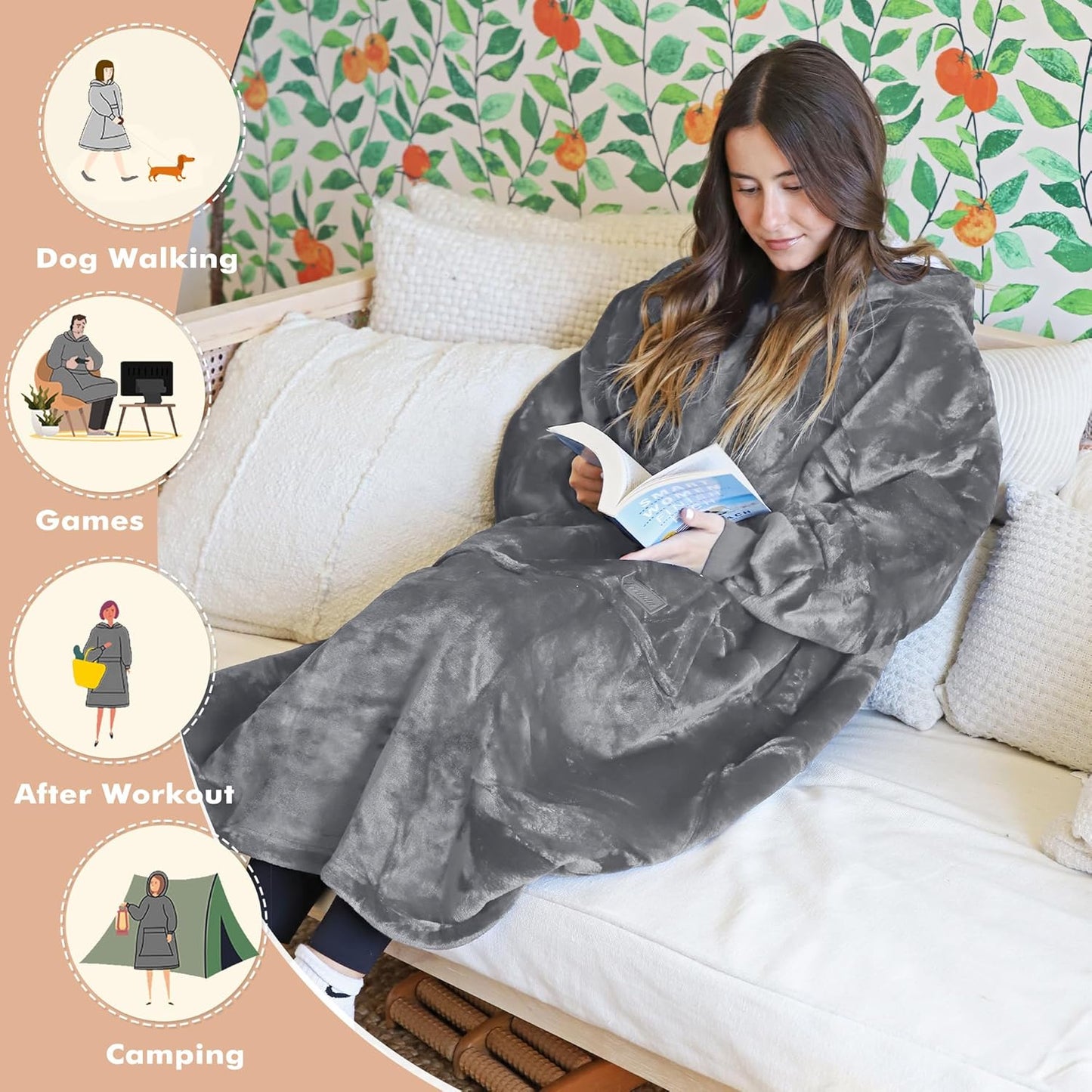 Extra Long Oversized Hoodie Blanket Sweatshirt Comfortable Sherpa Giant Wearable Blankets Christmas Gifts for Adults Men Women Teenagers Wife Girlfriend Grey