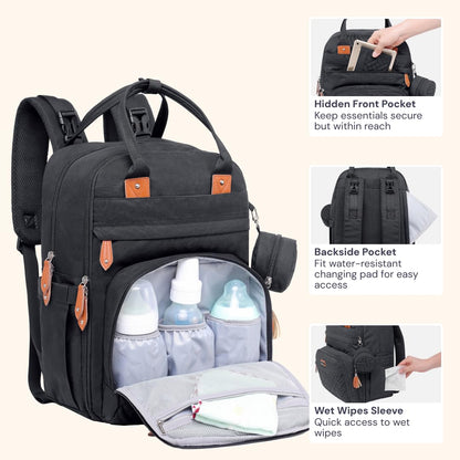 Diaper Bag Backpack - Tote - Multi Function Waterproof Diaper Bag, Travel Essentials Baby Bag with Changing Pad, Stroller Straps & Pacifier Case - Unisex, Black